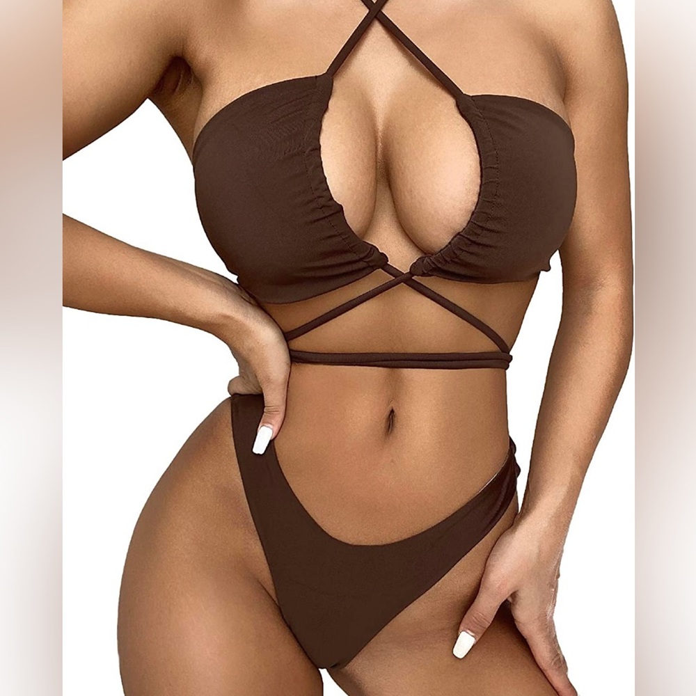 Women's 2 Piece Crisscross High Cut Halter Bikini Set Swimsuit Coffee